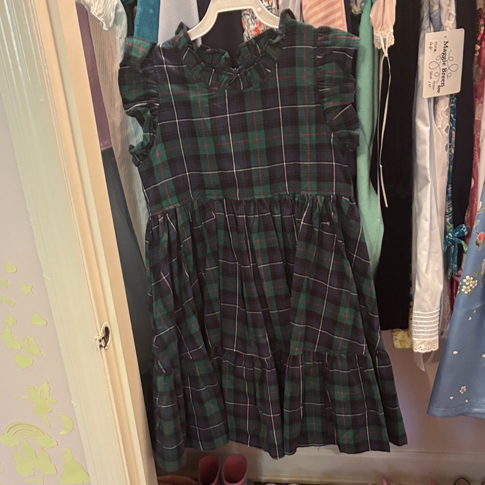 Pink Chicken Green and Blue Plaid Kids Dress